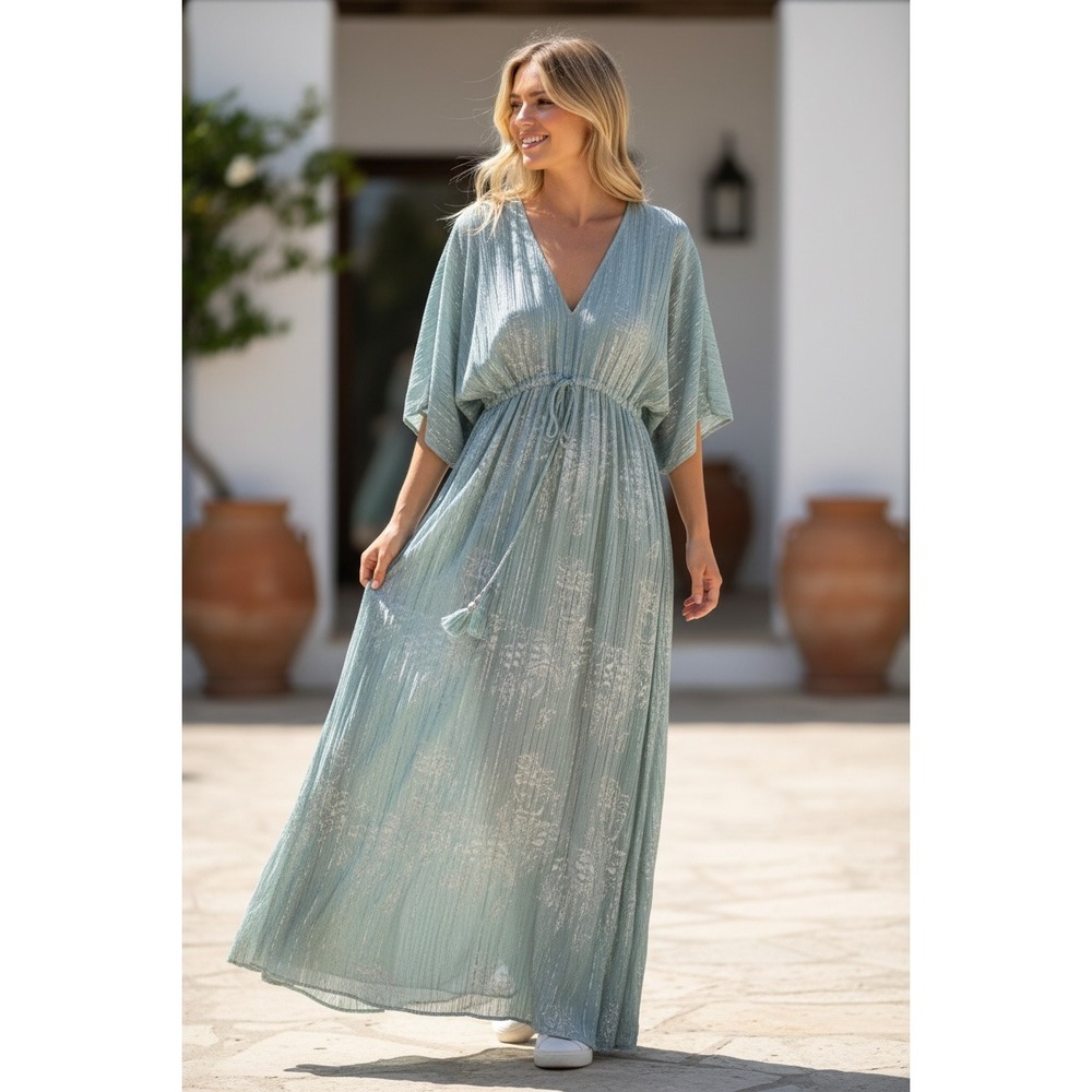 Lexi Kimono Women's Maxi Dress Sage Green Metallic Details & decorative tassels